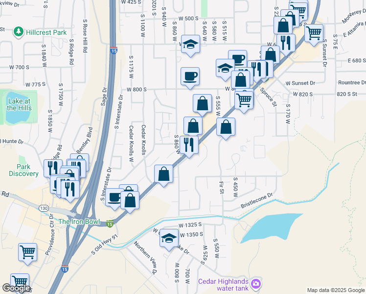 map of restaurants, bars, coffee shops, grocery stores, and more near 1060 South Main Street in Cedar City
