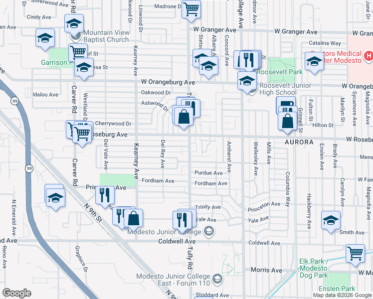 map of restaurants, bars, coffee shops, grocery stores, and more near 1107 Tully Road in Modesto