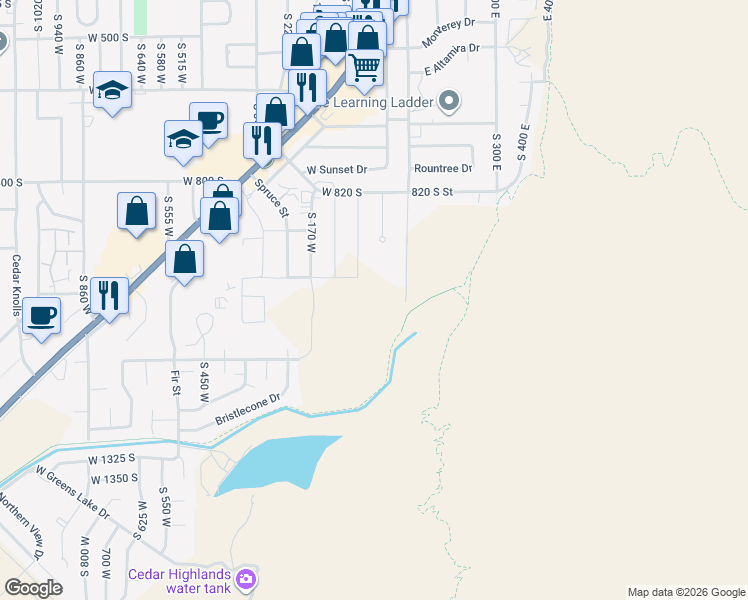 map of restaurants, bars, coffee shops, grocery stores, and more near 920 South 25 East in Cedar City