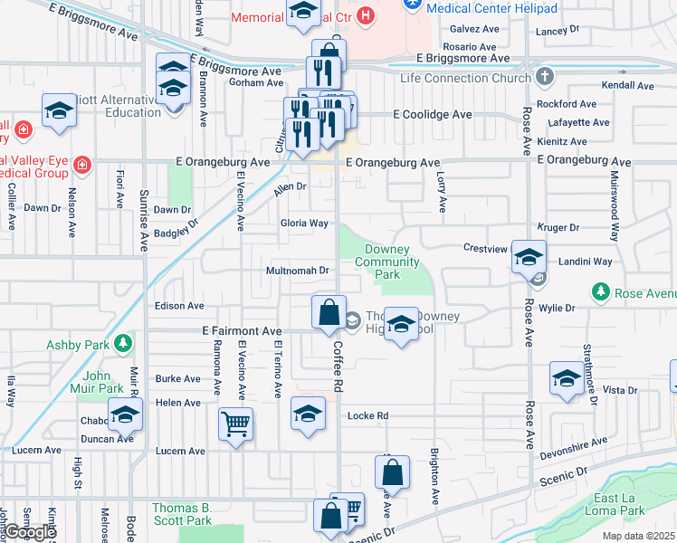 map of restaurants, bars, coffee shops, grocery stores, and more near 6 Chehalem Drive in Modesto