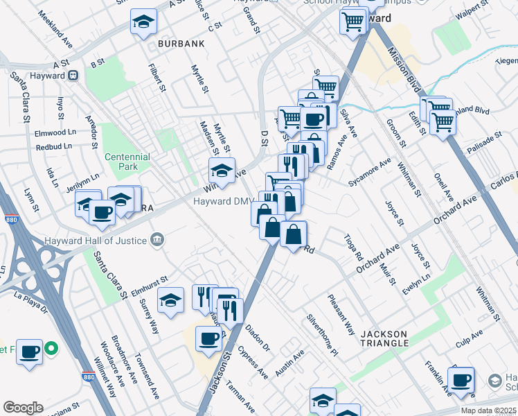 map of restaurants, bars, coffee shops, grocery stores, and more near 150 Jackson Street in Hayward