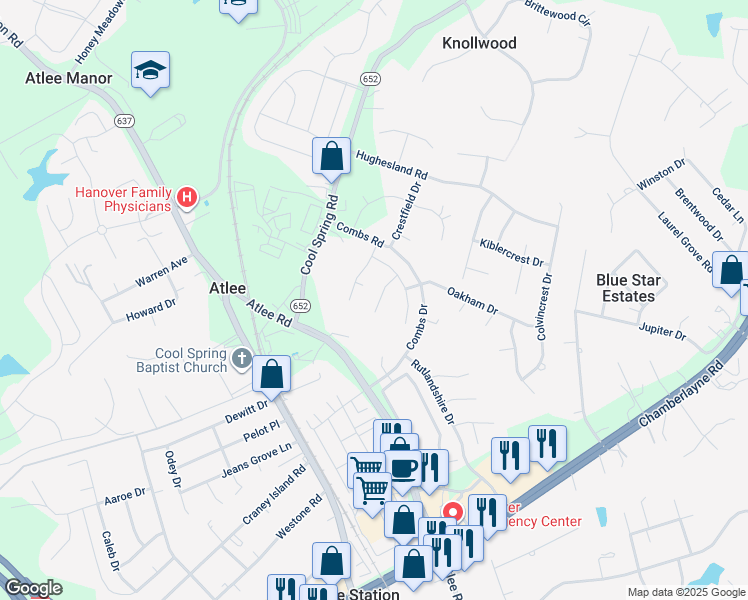 map of restaurants, bars, coffee shops, grocery stores, and more near 9617 Leighfield Way in Mechanicsville