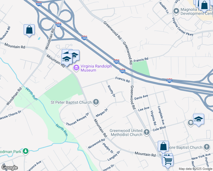 map of restaurants, bars, coffee shops, grocery stores, and more near 2043 Knotty Drive in Glen Allen