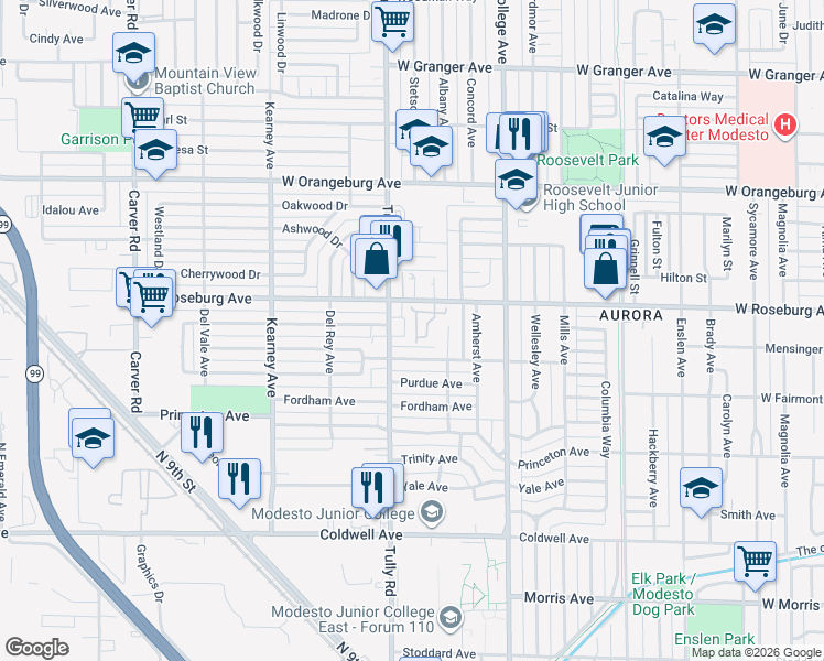 map of restaurants, bars, coffee shops, grocery stores, and more near 1228 West Roseburg Avenue in Modesto