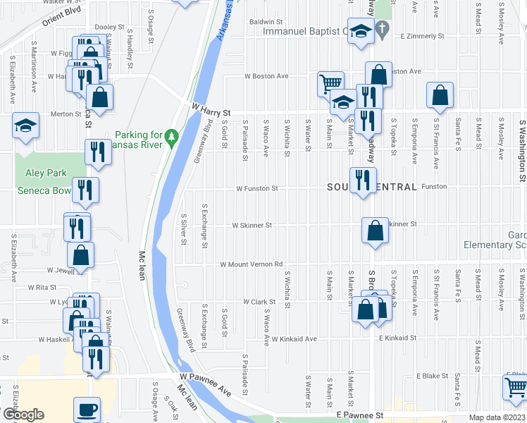map of restaurants, bars, coffee shops, grocery stores, and more near 1837 South Waco Avenue in Wichita