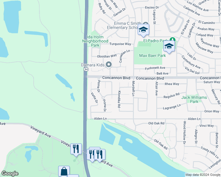 map of restaurants, bars, coffee shops, grocery stores, and more near 255 Prato Way in Livermore