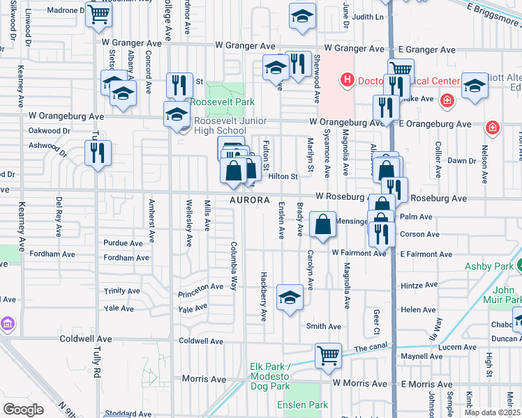 map of restaurants, bars, coffee shops, grocery stores, and more near 1025 Hackberry Avenue in Modesto