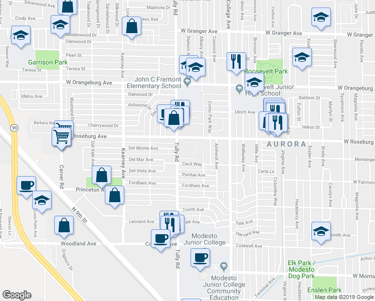 map of restaurants, bars, coffee shops, grocery stores, and more near 1228 West Roseburg Avenue in Modesto
