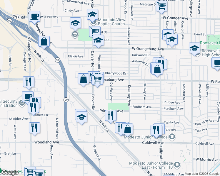 map of restaurants, bars, coffee shops, grocery stores, and more near 1110 Del Verde Avenue in Modesto