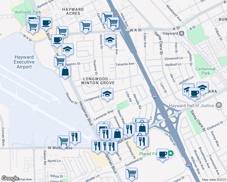 map of restaurants, bars, coffee shops, grocery stores, and more near 850 Longwood Avenue in Hayward