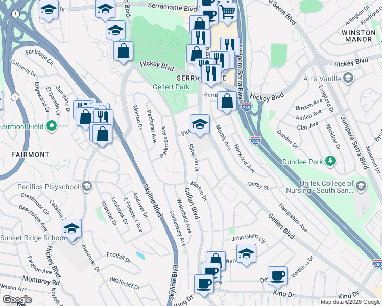 map of restaurants, bars, coffee shops, grocery stores, and more near 4348 Callan Boulevard in Daly City