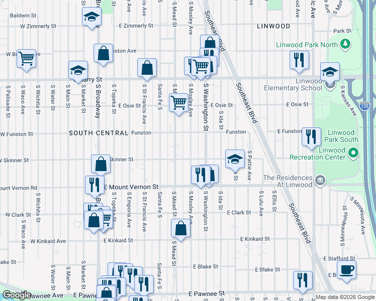 map of restaurants, bars, coffee shops, grocery stores, and more near 900-912 East Skinner Street in Wichita