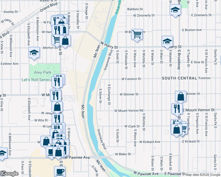 map of restaurants, bars, coffee shops, grocery stores, and more near 1848 South Exchange Street in Wichita