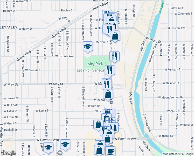map of restaurants, bars, coffee shops, grocery stores, and more near 1310 West May Street in Wichita