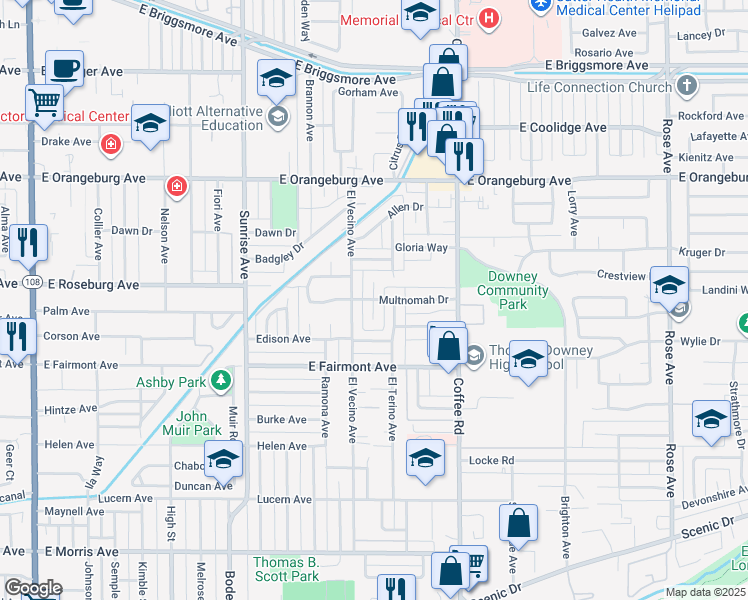 map of restaurants, bars, coffee shops, grocery stores, and more near 1124 Cambridge Court in Modesto