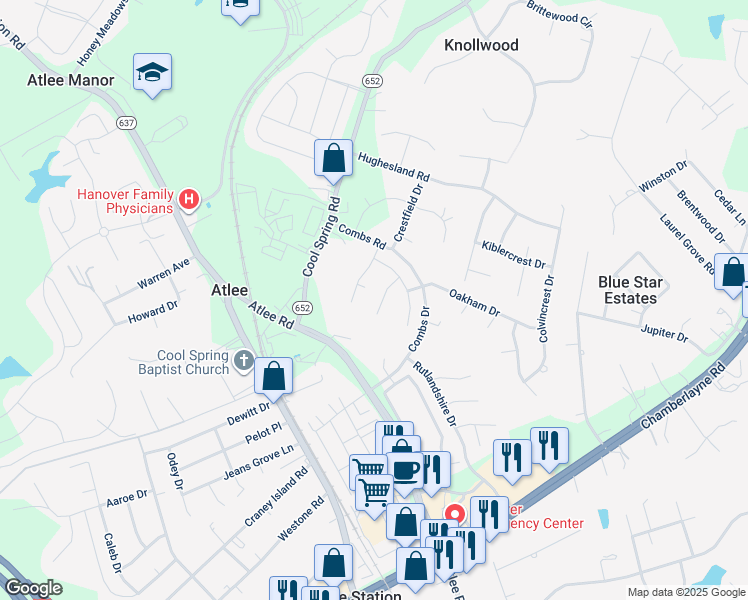 map of restaurants, bars, coffee shops, grocery stores, and more near 9617 Leighfield Way in Mechanicsville