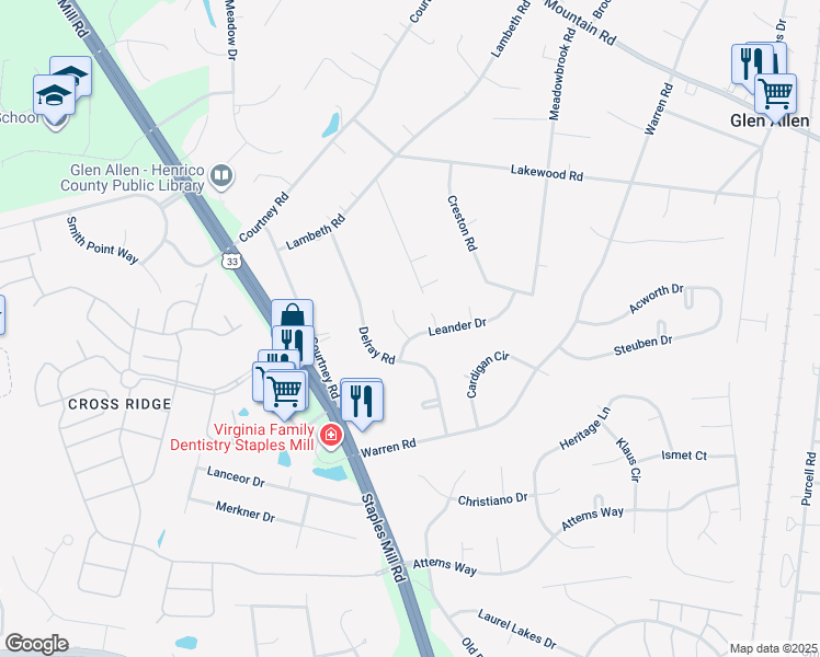map of restaurants, bars, coffee shops, grocery stores, and more near 10304 Leander Drive in Glen Allen