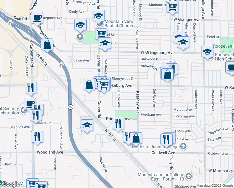 map of restaurants, bars, coffee shops, grocery stores, and more near 1110 Del Verde Avenue in Modesto