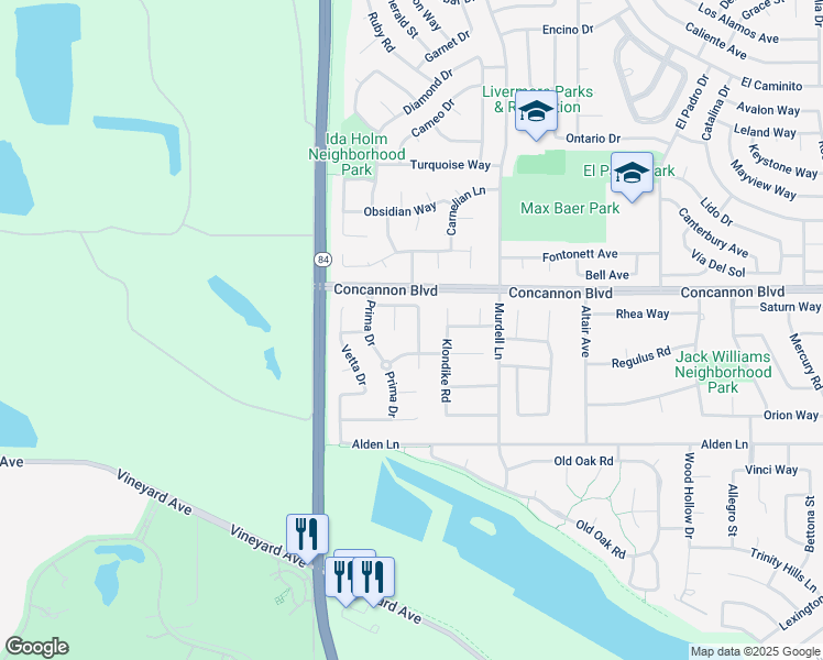 map of restaurants, bars, coffee shops, grocery stores, and more near 255 Prato Way in Livermore