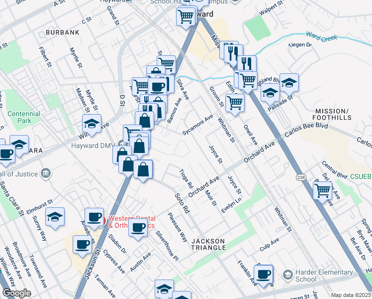 map of restaurants, bars, coffee shops, grocery stores, and more near 24667 Dale Street in Hayward