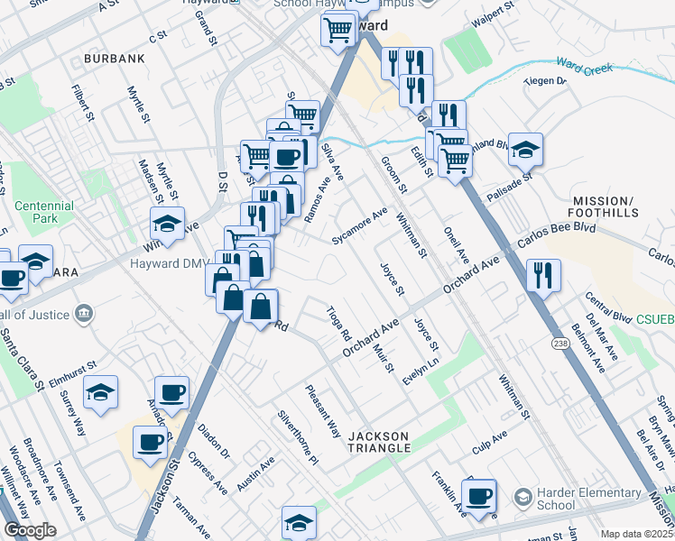 map of restaurants, bars, coffee shops, grocery stores, and more near 24667 Dale Street in Hayward