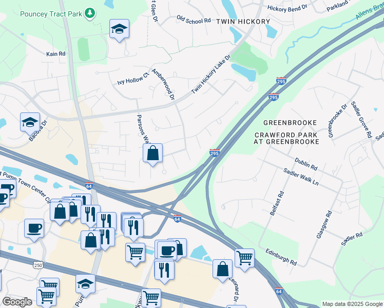 map of restaurants, bars, coffee shops, grocery stores, and more near 11612 Cobblestone Landing Court in Glen Allen