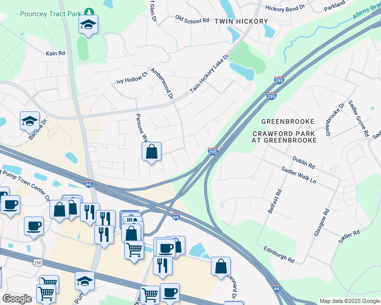map of restaurants, bars, coffee shops, grocery stores, and more near 11612 Cobblestone Landing Court in Glen Allen