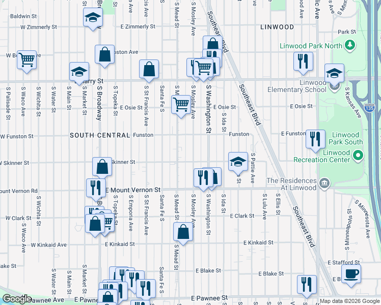 map of restaurants, bars, coffee shops, grocery stores, and more near 900-912 East Skinner Street in Wichita