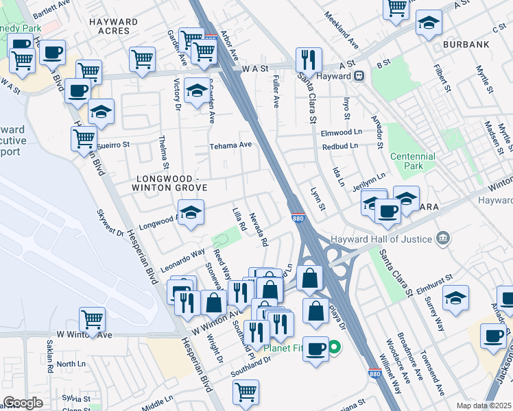 map of restaurants, bars, coffee shops, grocery stores, and more near 23051 Hopper Road in Hayward