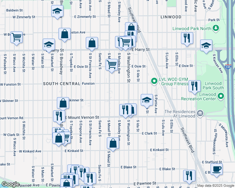 map of restaurants, bars, coffee shops, grocery stores, and more near 1839 South Mosley Street in Wichita
