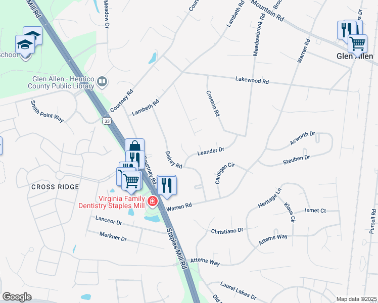 map of restaurants, bars, coffee shops, grocery stores, and more near 10304 Leander Drive in Glen Allen