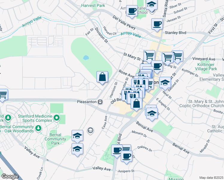 map of restaurants, bars, coffee shops, grocery stores, and more near 4767 Harrison Street in Pleasanton