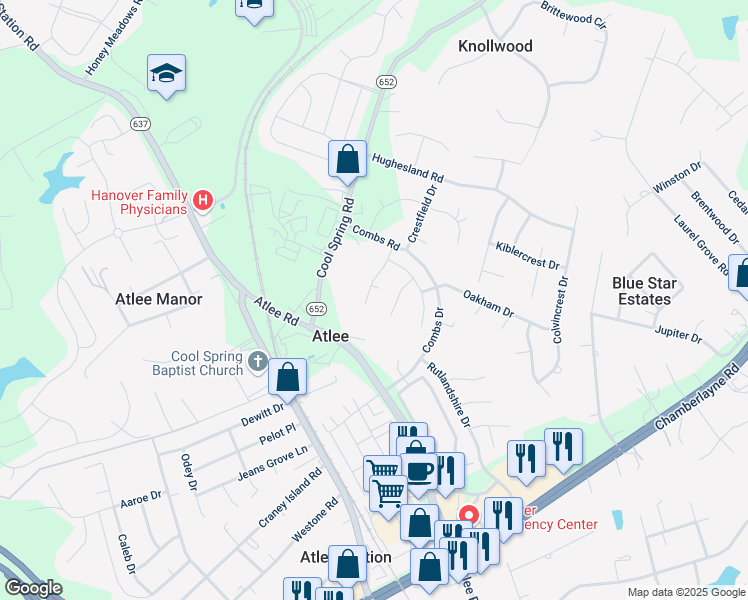 map of restaurants, bars, coffee shops, grocery stores, and more near 9612 Cavalin Court in Mechanicsville