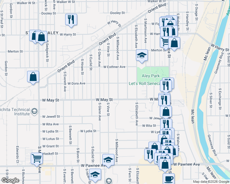 map of restaurants, bars, coffee shops, grocery stores, and more near 1933 South Millwood Street in Wichita