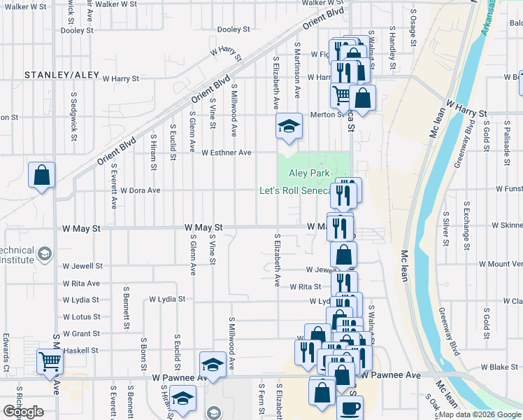 map of restaurants, bars, coffee shops, grocery stores, and more near 1615 West May Street in Wichita