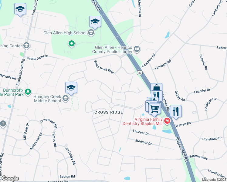 map of restaurants, bars, coffee shops, grocery stores, and more near 10412 Buchmill Drive in Glen Allen