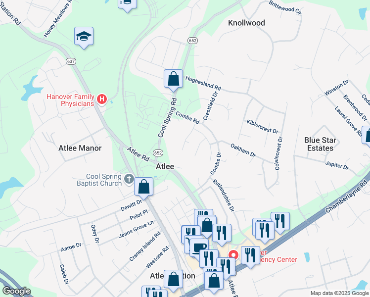 map of restaurants, bars, coffee shops, grocery stores, and more near 9612 Cavalin Court in Mechanicsville