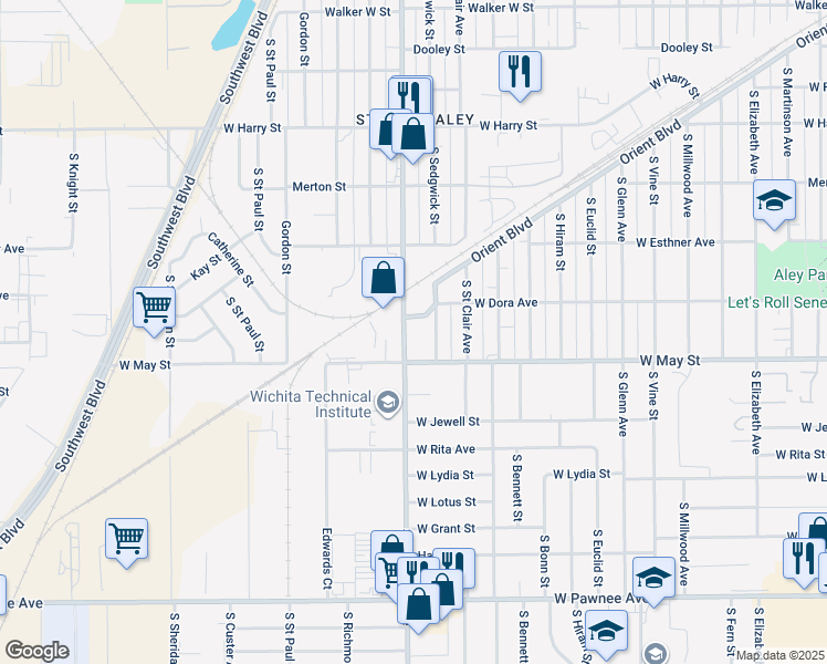 map of restaurants, bars, coffee shops, grocery stores, and more near 1903-1999 S Meridian Ave in Wichita