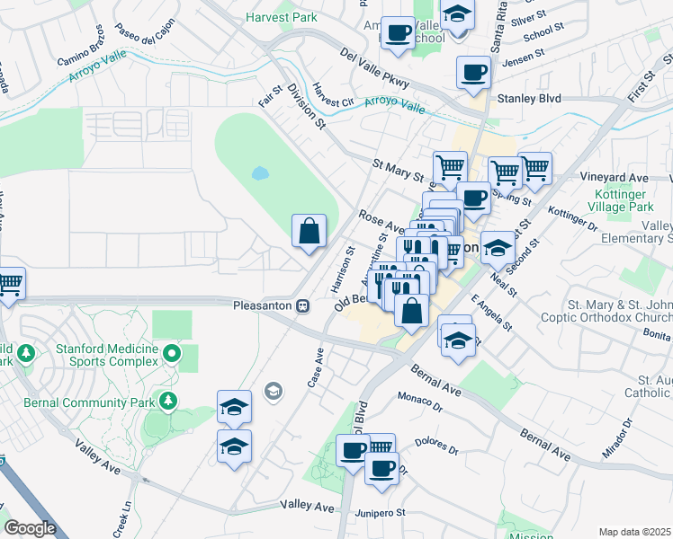map of restaurants, bars, coffee shops, grocery stores, and more near 4819 Harrison Street in Pleasanton