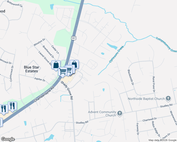 map of restaurants, bars, coffee shops, grocery stores, and more near 8148 Marley Drive in Mechanicsville