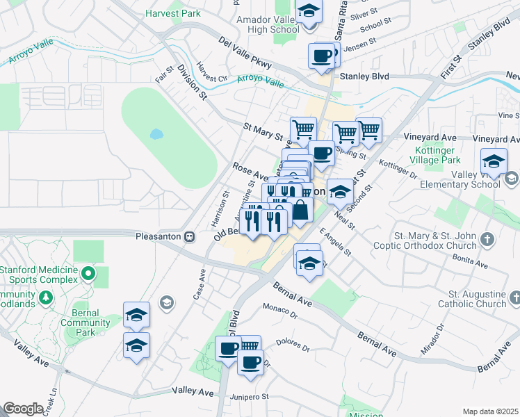 map of restaurants, bars, coffee shops, grocery stores, and more near 1 Peters Avenue in Pleasanton