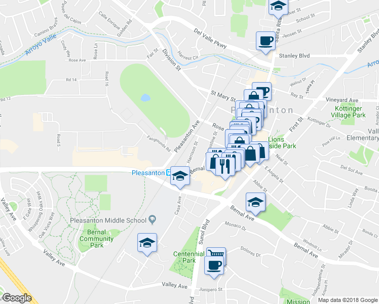 map of restaurants, bars, coffee shops, grocery stores, and more near 4819 Harrison Street in Pleasanton
