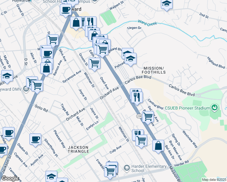 map of restaurants, bars, coffee shops, grocery stores, and more near 831 Challenger Way in Hayward