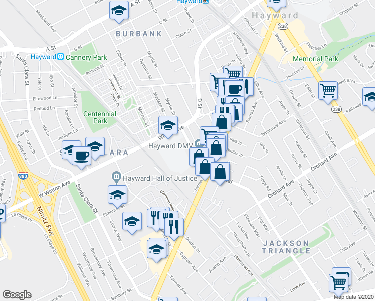 map of restaurants, bars, coffee shops, grocery stores, and more near 24505 Soto Road in Hayward