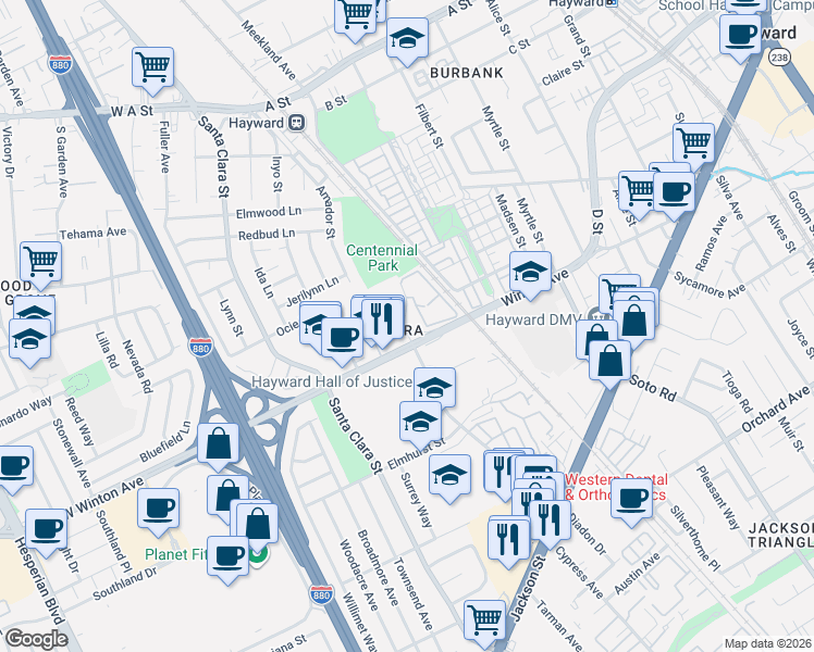 map of restaurants, bars, coffee shops, grocery stores, and more near 24176 Mission Boulevard in Hayward