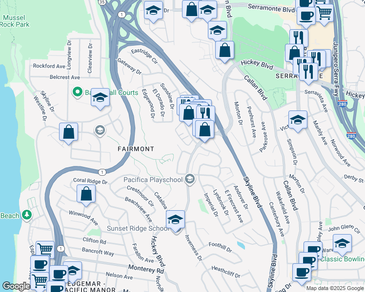 map of restaurants, bars, coffee shops, grocery stores, and more near 660 Parkview Circle in Pacifica