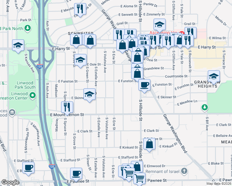 map of restaurants, bars, coffee shops, grocery stores, and more near 1864 South Erie Street in Wichita