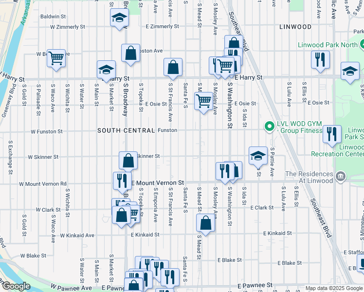 map of restaurants, bars, coffee shops, grocery stores, and more near 620 East Skinner Street in Wichita