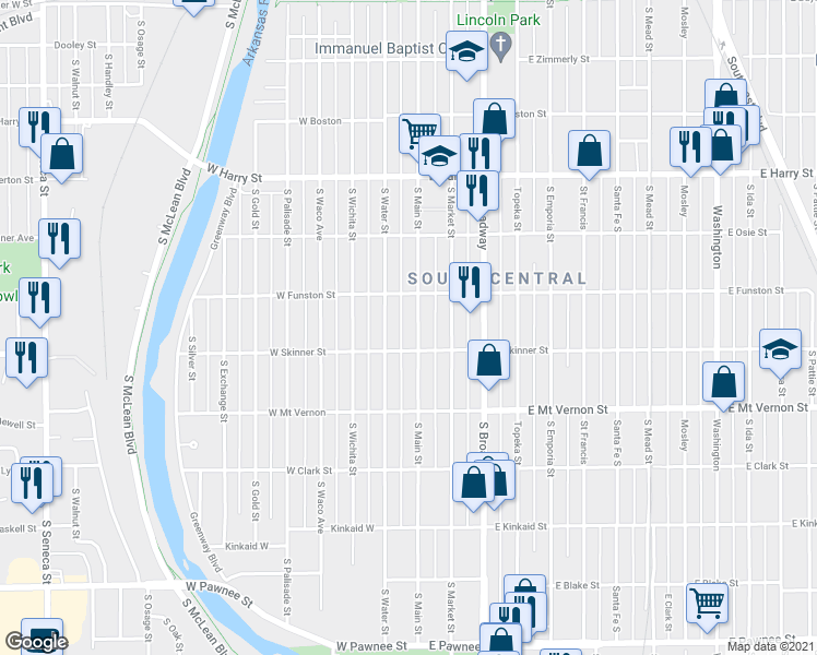 map of restaurants, bars, coffee shops, grocery stores, and more near 1852 South Main Street in Wichita
