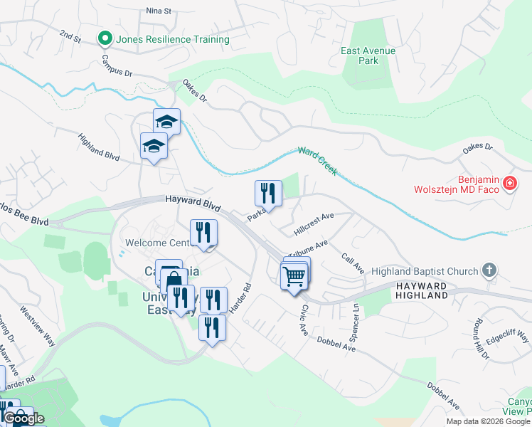 map of restaurants, bars, coffee shops, grocery stores, and more near 2550 Hillcrest Avenue in Hayward